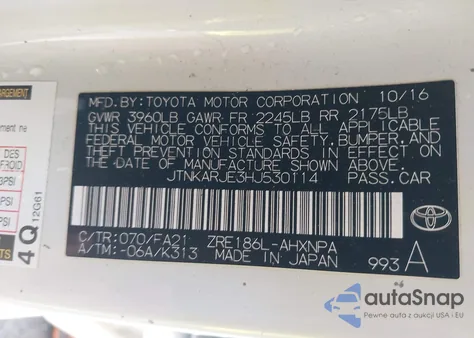 2017 Toyota Corolla Im z USA, uszkodzony, nr VIN JTNKARJE3HJ530114